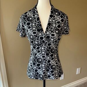 Tamara H. Black White Fitted Short Sleeve Blouse with Cross Body Neckline Women